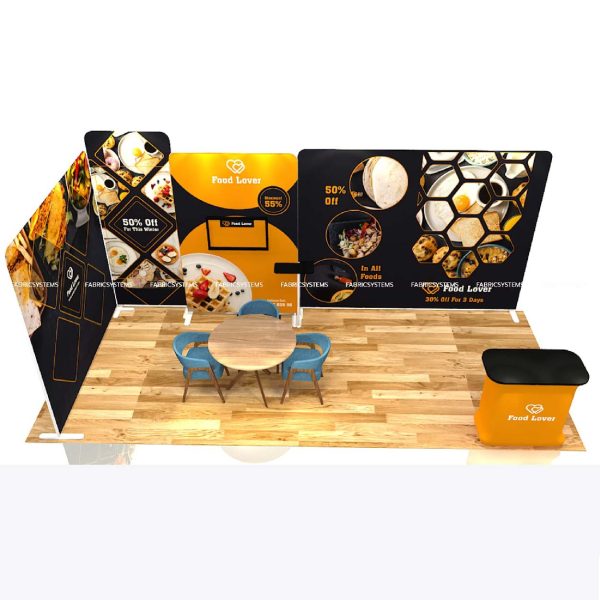 บูธผ้า,บูธผ้าสำเร็จรูป,fabric booth,fabric stand,แบคดรอป,เคาน์เตอร์,tension จัดบูธ ผ้าพิมพ์ลาย